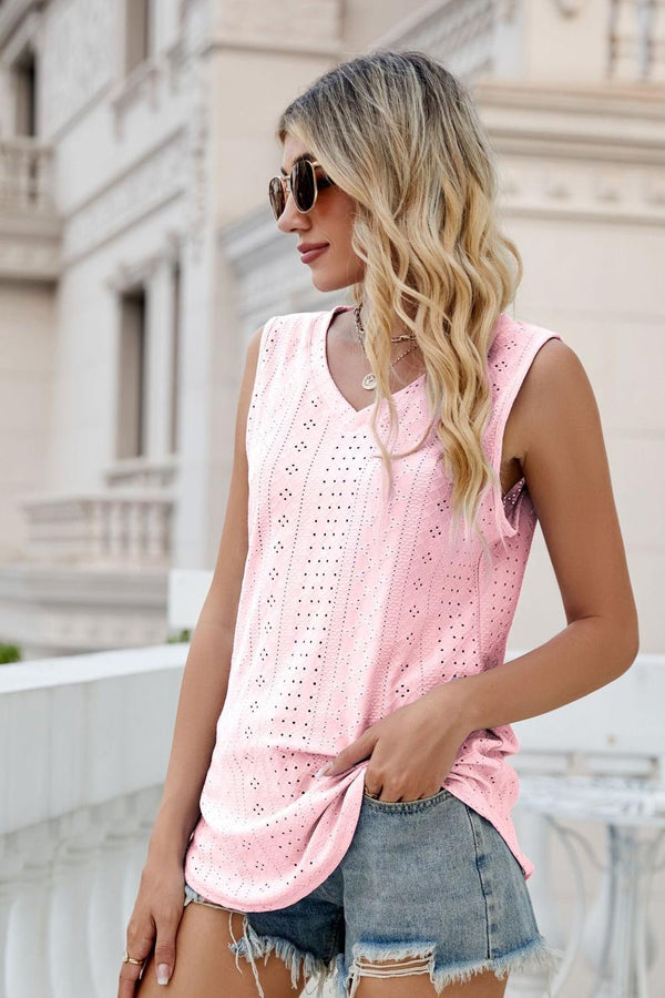 Eyelet V-Neck Tank-Teresa's Fashionista LLC