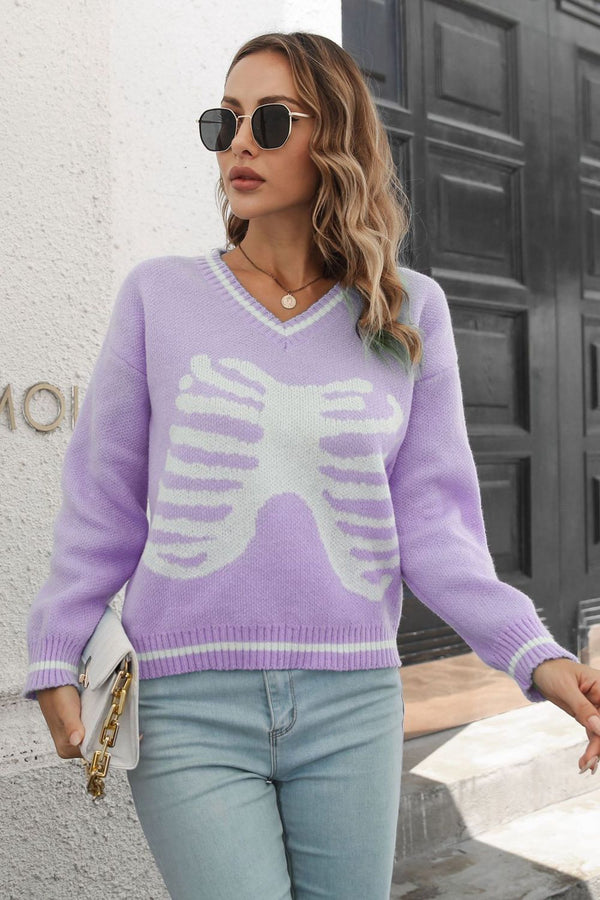 Skeleton Pattern V-Neck Long Sleeve Pullover Sweater-Teresa's Fashionista LLC