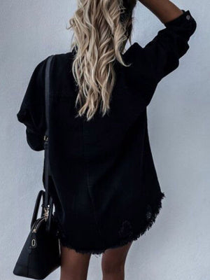 Raw Hem Collared Neck Long Sleeve Denim Jacket-Teresa's Fashionista LLC