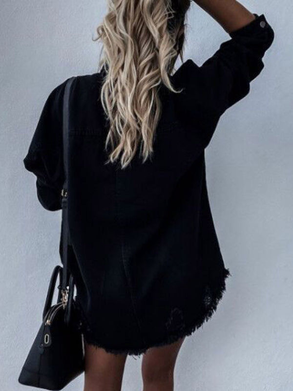 Raw Hem Collared Neck Long Sleeve Denim Jacket-Teresa's Fashionista LLC
