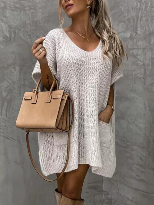 V-Neck Short Sleeve Sweater with Pockets-Teresa's Fashionista LLC