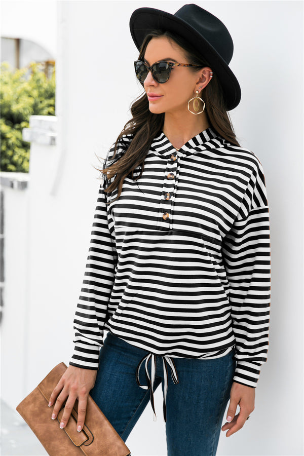 Striped Half-Button Dropped Shoulder Hoodie-Teresa's Fashionista LLC