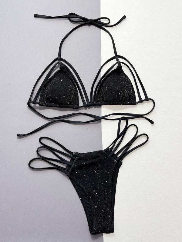 Glitter Halter Neck Strappy Two-Piece Bikini Set-Teresa's Fashionista LLC