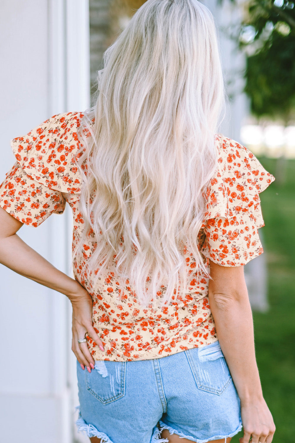 Floral Round Neck Flutter Sleeve Blouse-Teresa&#39;s Fashionista LLC