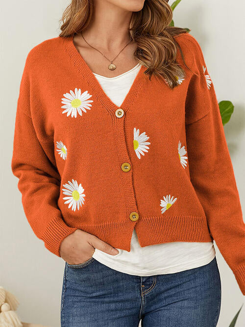 Flower Button Front Dropped Shoulder Cardigan-Teresa&#39;s Fashionista LLC