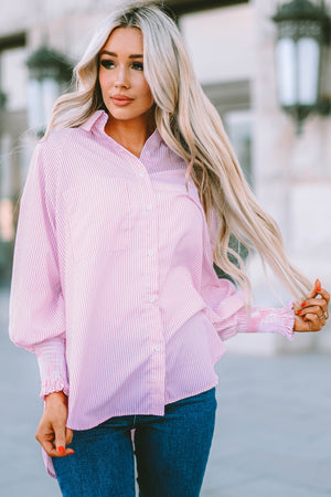 Striped Lantern Sleeve Collared Shirt-Teresa's Fashionista LLC
