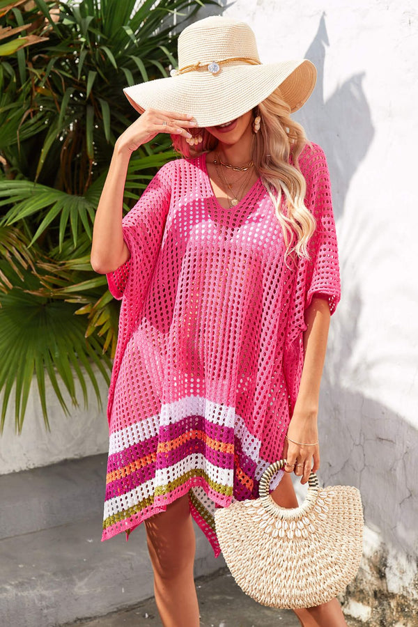 Rainbow Stripe Openwork Slit Cover-Up-Teresa's Fashionista LLC