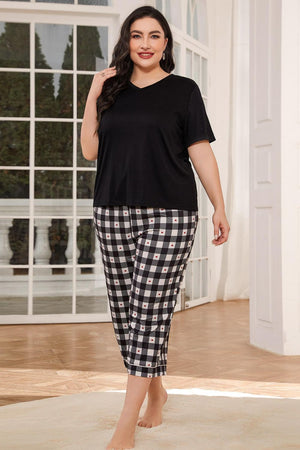 V-Neck Tee and Plaid Cropped Pants Lounge Set-Teresa's Fashionista LLC