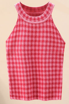 Plaid Round Neck Sleeveless Knit Top-Teresa's Fashionista LLC