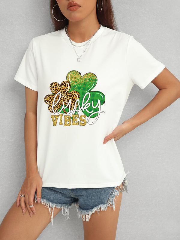 LUCKY VIBES Round Neck Short Sleeve T-Shirt-Teresa's Fashionista LLC