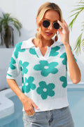 Floral Johnny Collar Half Sleeve Knit Top-Teresa's Fashionista LLC