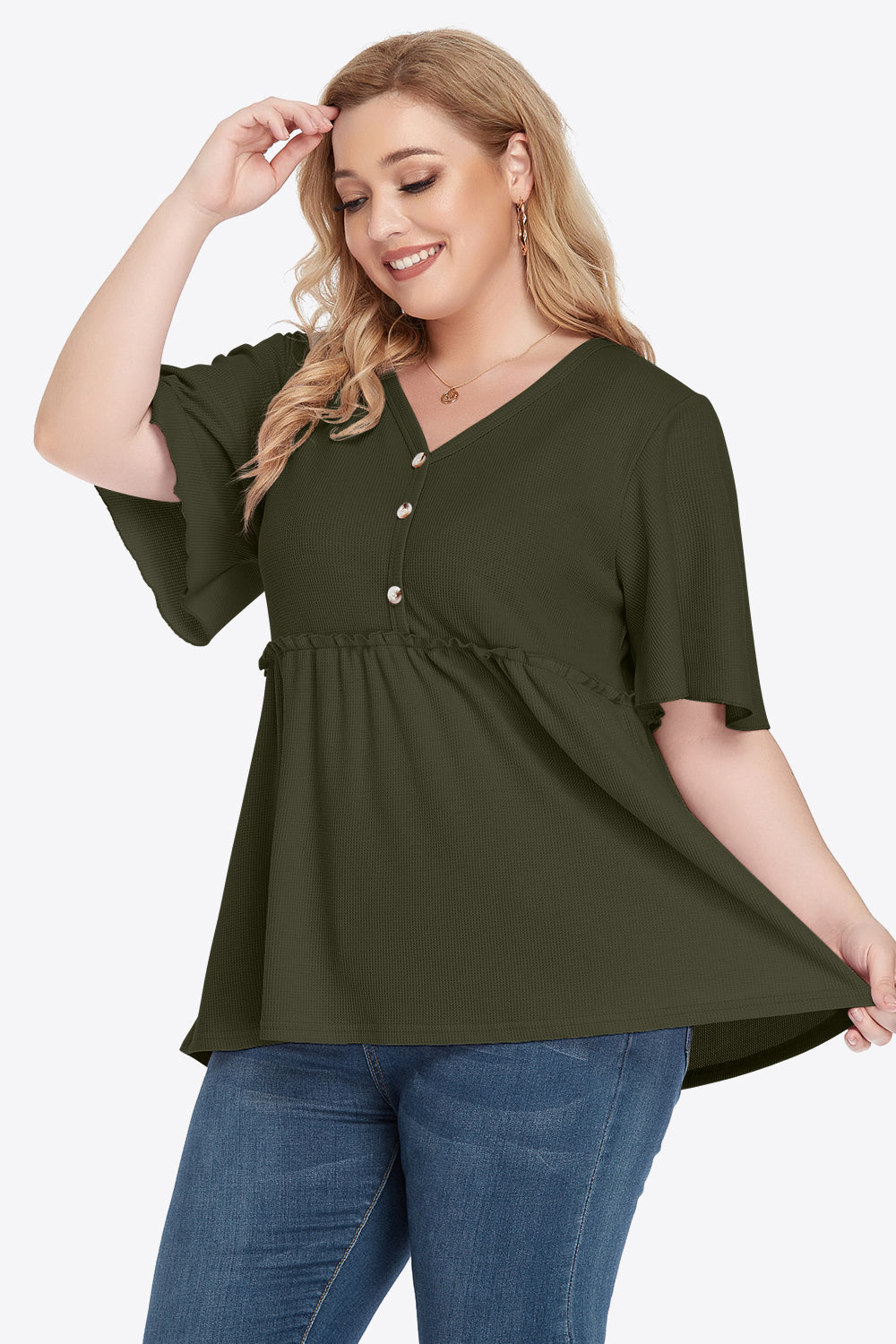 Plus Size Buttoned V-Neck Frill Trim Babydoll Blouse-Teresa&#39;s Fashionista LLC