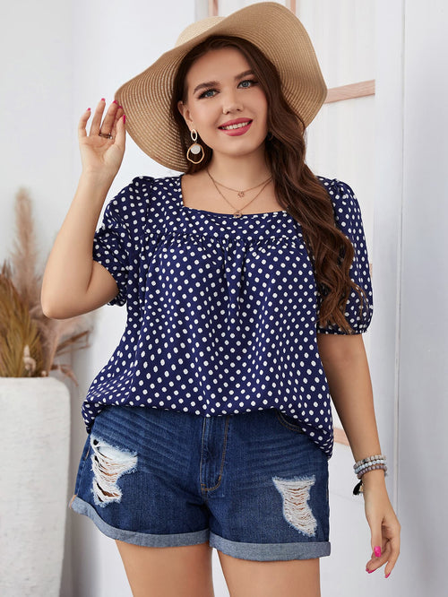 Plus Size Polka Dot Square Neck Blouse-Teresa's Fashionista LLC