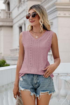 Eyelet V-Neck Tank-Teresa's Fashionista LLC