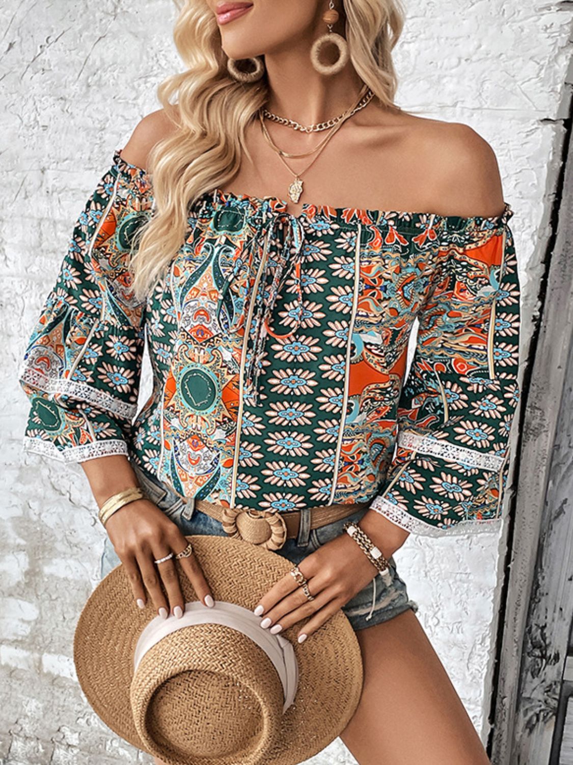 Printed Frill Trim Off-Shoulder Blouse-Teresa&#39;s Fashionista LLC