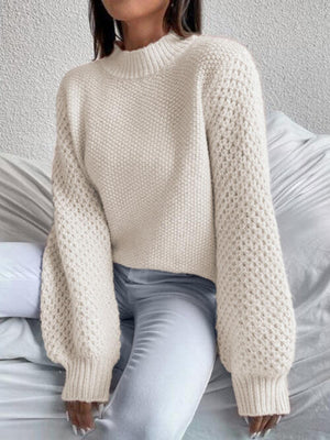 Openwork Mock Neck Long Sleeve Sweater-Teresa's Fashionista LLC