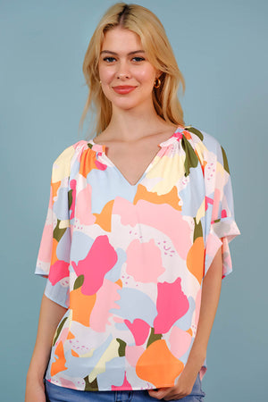 Printed Notched Neck Half Sleeve Blouse-Teresa's Fashionista LLC