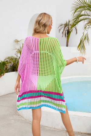 Contrast Scoop Neck Openwork Half Sleeve Cover Up-Teresa's Fashionista LLC