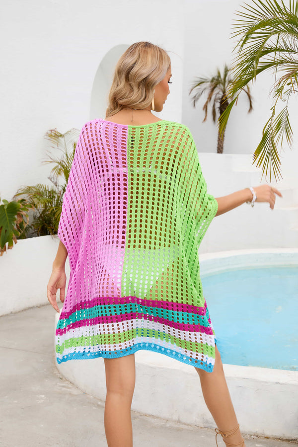 Contrast Scoop Neck Openwork Half Sleeve Cover Up-Teresa's Fashionista LLC