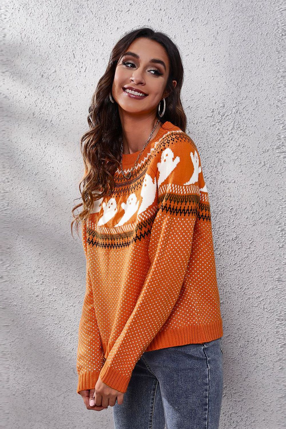 Ghost Pattern Round Neck Long Sleeve Sweater-Teresa&#39;s Fashionista LLC