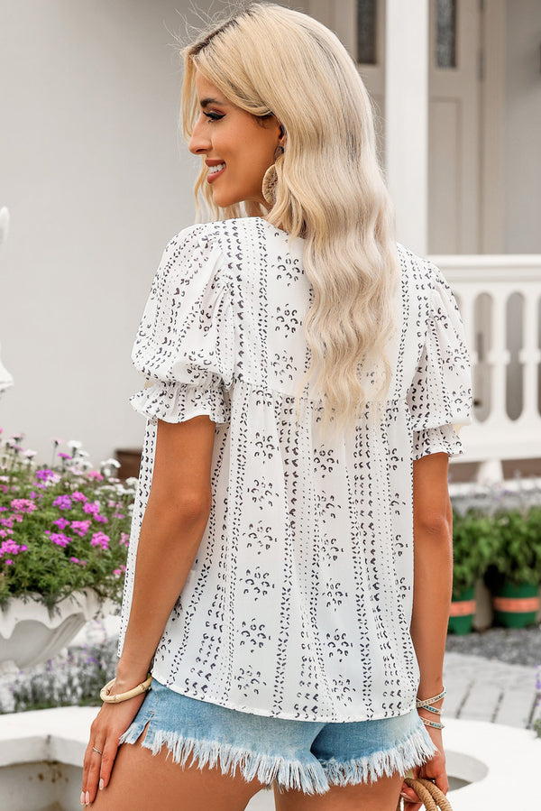 Embroidered Round Neck Flounce Sleeve Blouse-Teresa's Fashionista LLC