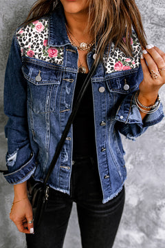 Mixed Print Distressed Button Front Denim Jacket-Teresa's Fashionista LLC