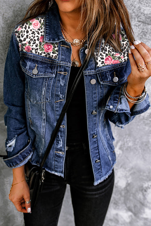 Mixed Print Distressed Button Front Denim Jacket-Teresa's Fashionista LLC