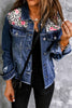 Mixed Print Distressed Button Front Denim Jacket-Teresa's Fashionista LLC