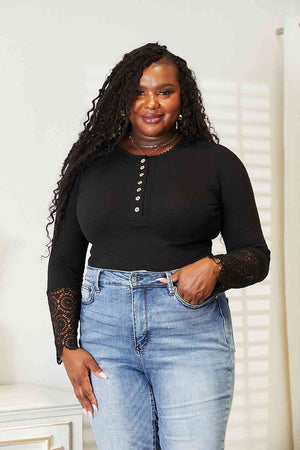 Double Take Crochet Lace Hem Sleeve Button Top-Teresa's Fashionista LLC