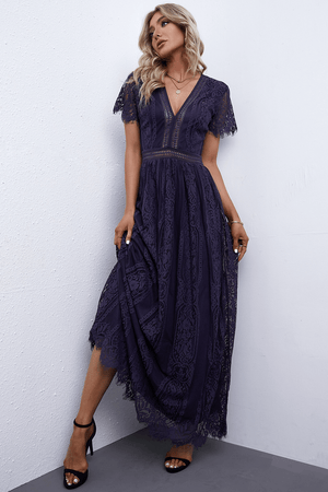 Scalloped Trim Lace Plunge Dress-Teresa's Fashionista LLC