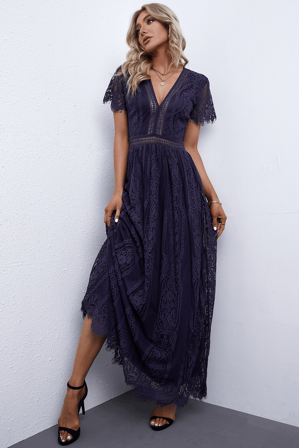 Scalloped Trim Lace Plunge Dress-Teresa's Fashionista LLC