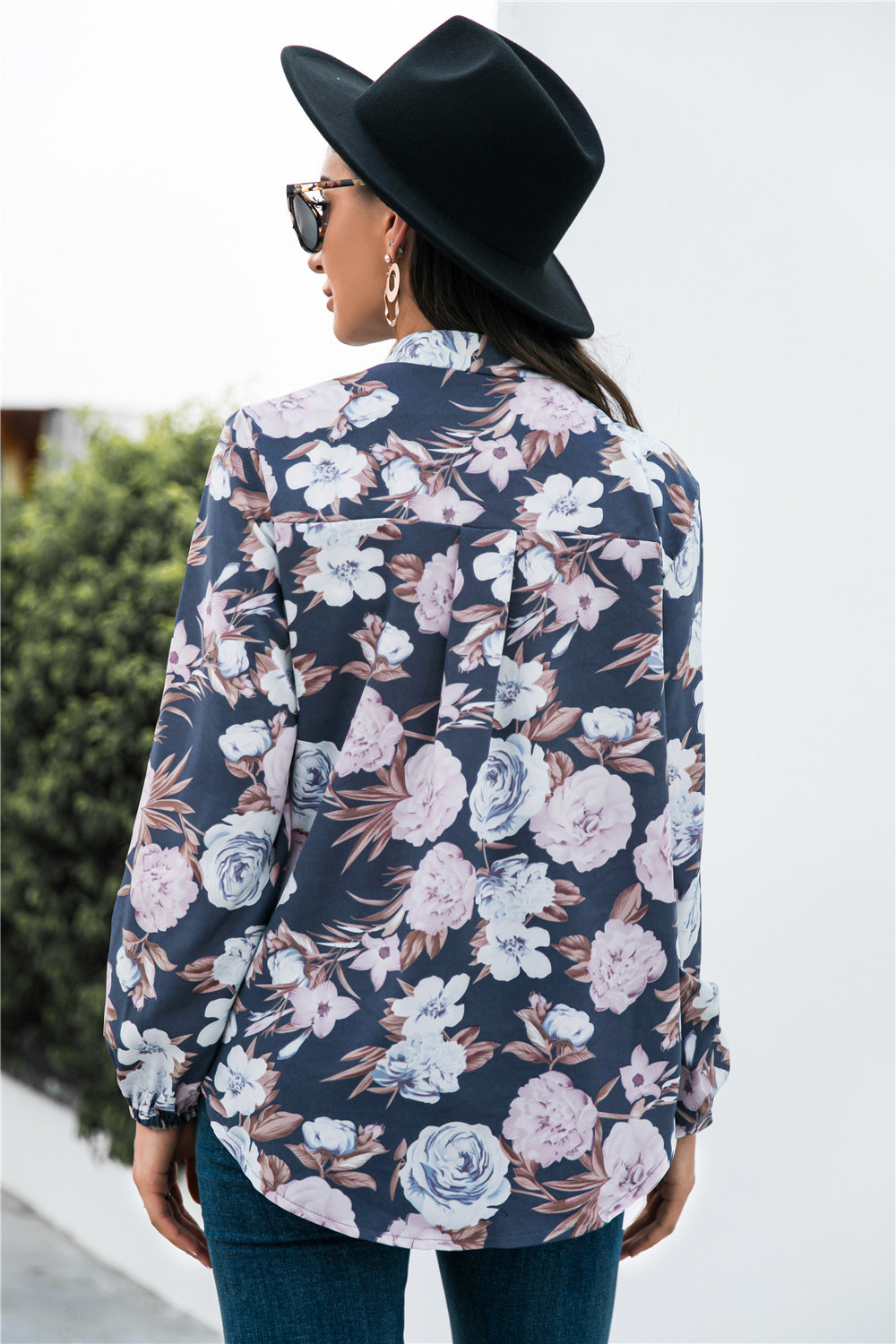 Floral Print Mock Neck Button Front Shirt-Teresa's Fashionista LLC
