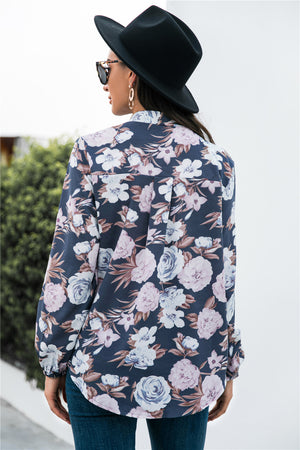 Floral Print Mock Neck Button Front Shirt-Teresa's Fashionista LLC