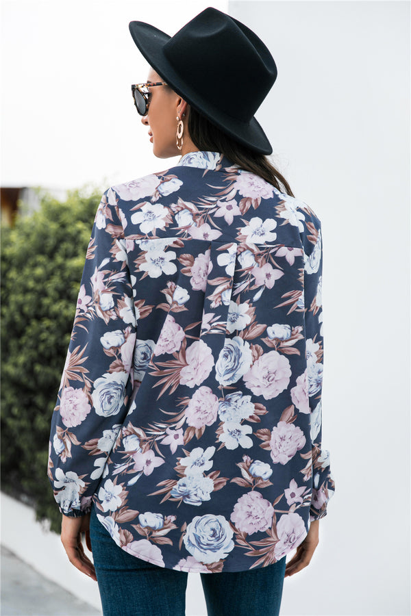 Floral Print Mock Neck Button Front Shirt-Teresa's Fashionista LLC