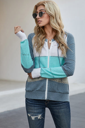 Zip-Up Raglan Sleeve Openwork Hooded Cardigan-Teresa's Fashionista LLC