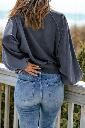 Quarter-Snap Collared Lantern Sleeve Sweatshirt-Teresa's Fashionista LLC
