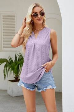 Notched Neck Curved Hem Eyelet Tank-Teresa's Fashionista LLC