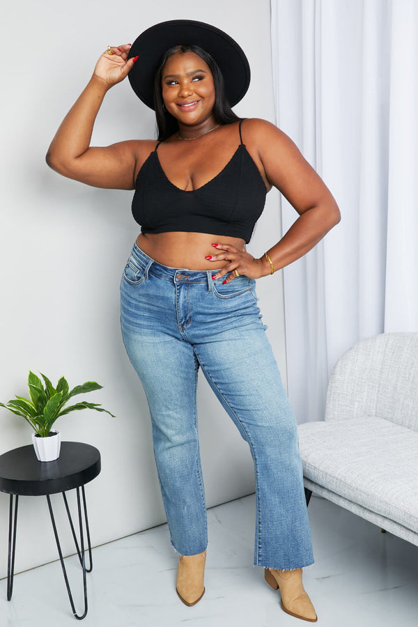 Zenana Full Size Textured Spaghetti Strap Bralette in Black-Teresa's Fashionista LLC