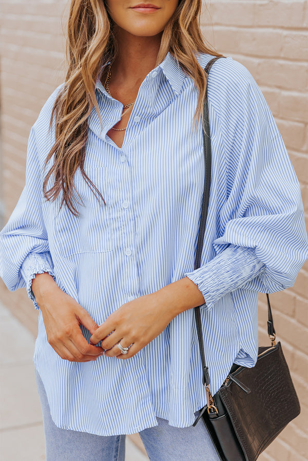 Striped Lantern Sleeve Collared Shirt-Teresa's Fashionista LLC