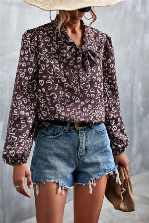 Printed Tie Neck Puff Sleeve Blouse-Teresa's Fashionista LLC