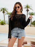 Fringe Trim Openwork Long Sleeve Cover-Up-Teresa's Fashionista LLC