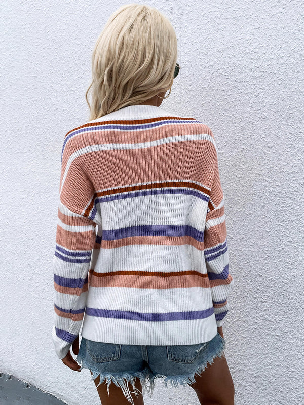 Striped Drop Shoulder Round Neck Pullover Sweater-Teresa's Fashionista LLC