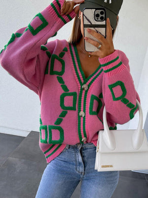 Geometric Dropped Shoulder Button Down Cardigan-Teresa's Fashionista LLC