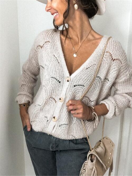 Openwork Button Up Long Sleeve Cardigan-Teresa's Fashionista LLC