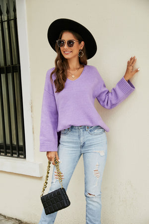 Drop Shoulder V-Neck Knit Pullover-Teresa's Fashionista LLC