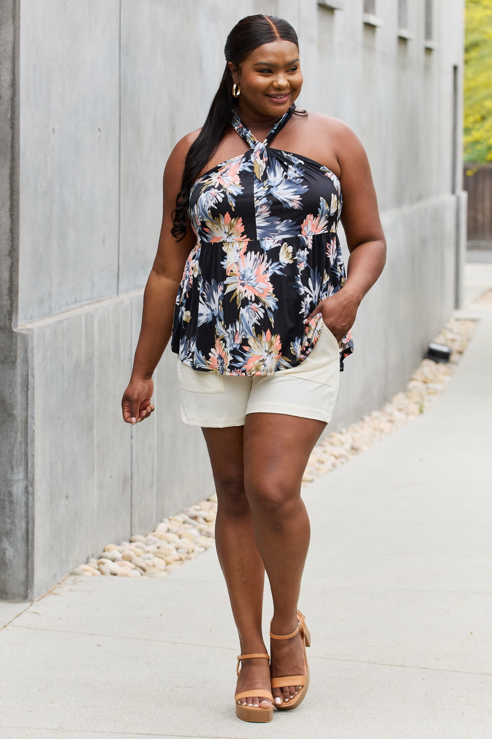 Be Stage Full Size Floral Halter Top in Black-Teresa&#39;s Fashionista LLC