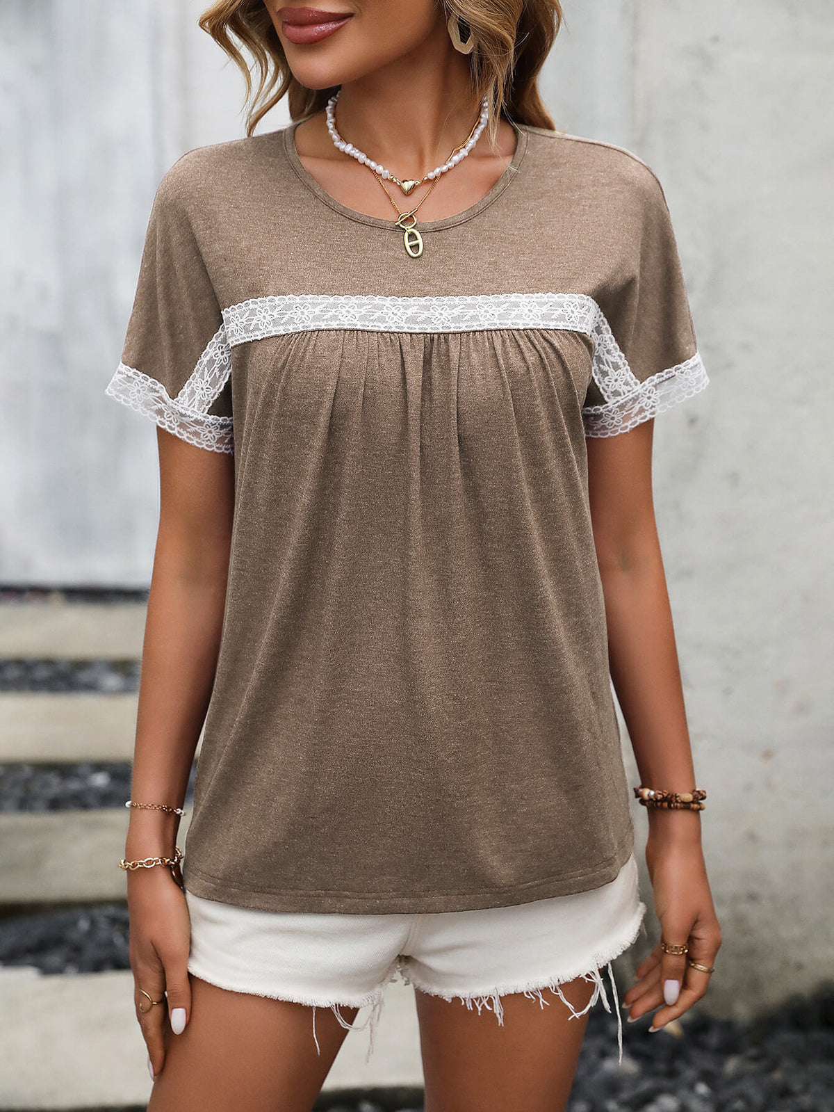 Contrast Round Neck Short Sleeve Tee-Teresa&#39;s Fashionista LLC