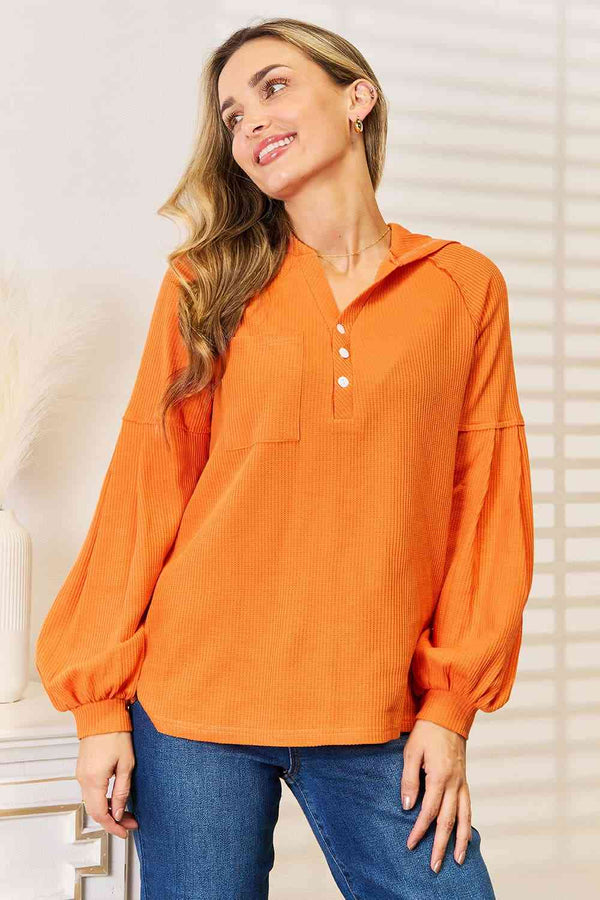 Basic Bae Side Slit Buttoned Waffle Knit Hoodie-Teresa's Fashionista LLC