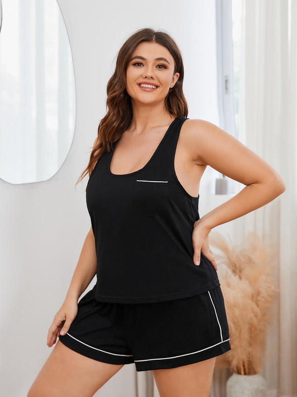 Plus Size Contrast Piping Racerback Tank and Shorts Lounge Set-Teresa's Fashionista LLC