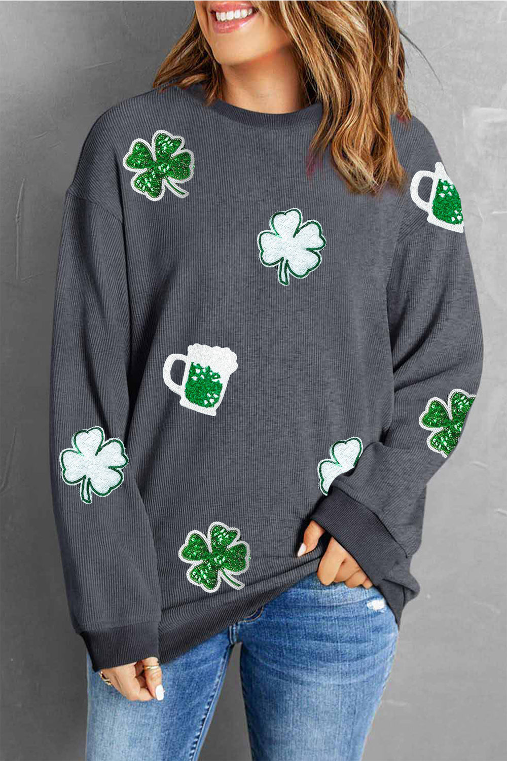 Lucky Clover Beer Sequin Round Neck Sweatshirt-Teresa's Fashionista LLC